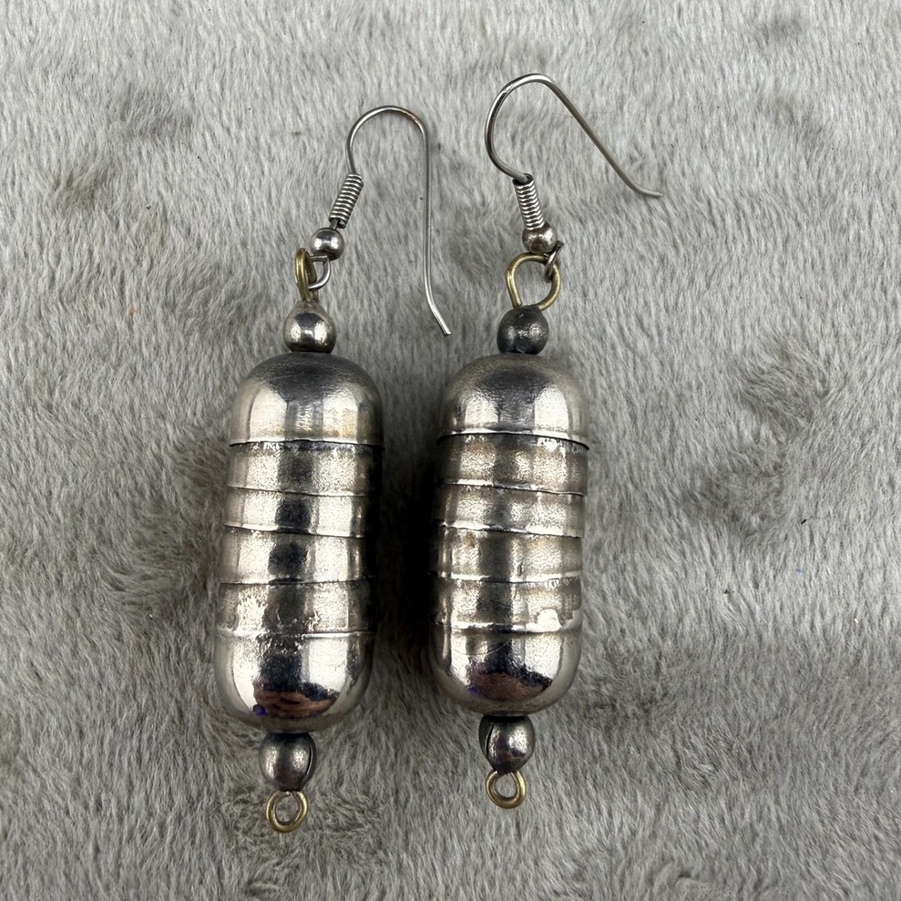 Vintage Necklace Pierced Earrings Set Large Metal Beaded Silver Tone 32" - Picture 3 of 9